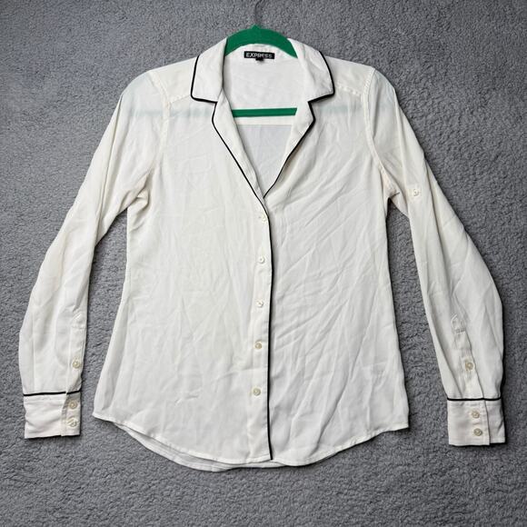 Express Long Sleeve Button Up Shirt Womens XS White Black Trim - Picture 1 of 10